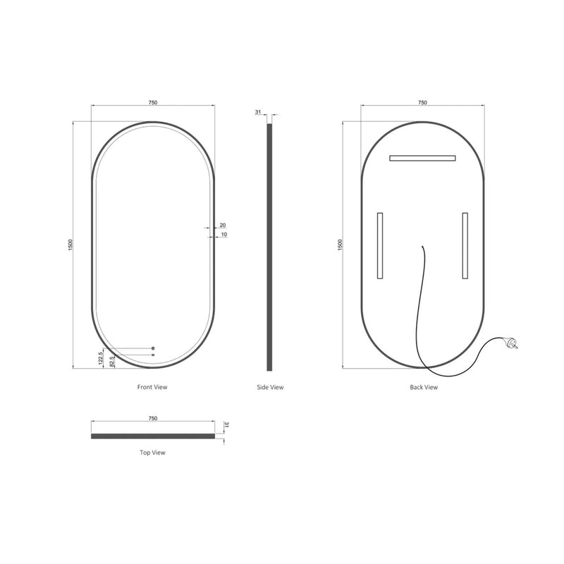 Otti Noosa Framed Led Mirror Matte White 750X1500mm