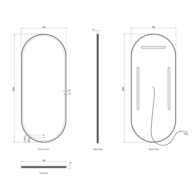 Otti Noosa Metal Framed Oval Led Mirror Matte White 750X1800mm