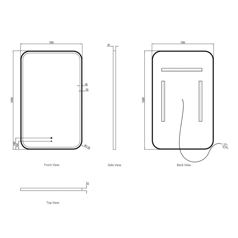 Otti Newport Metal Framed Led Mirror Brushed Gold 750X1200mm