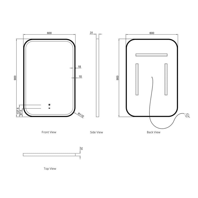 Otti Newport Metal Framed Led Mirror Matte Black 600X900mm