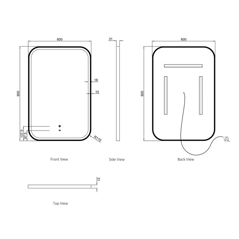 Otti Newport Metal Framed Led Mirror Matte White 600X900mm
