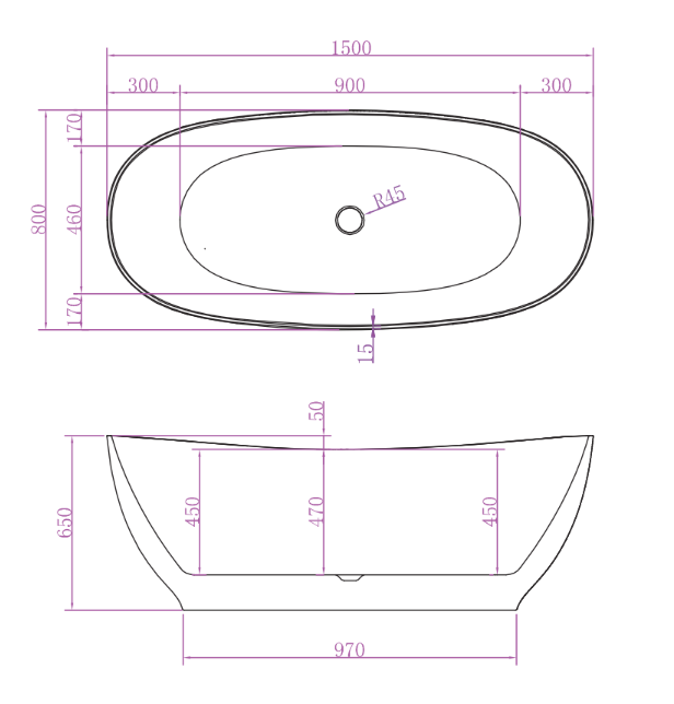 Riva Layla Super Slim Edge Unique Shape Freestanding Bathtub 1500mm - Matt White