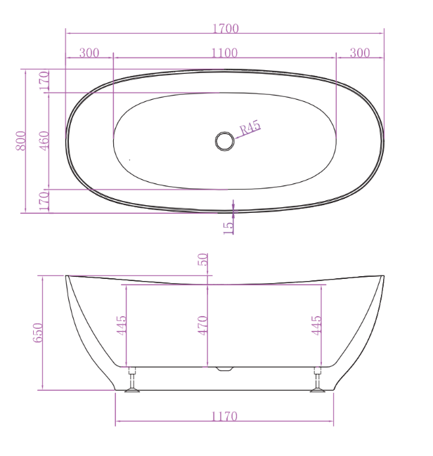 Riva Layla Super Slim Edge Unique Shape Freestanding Bathtub 1700mm - Matt White