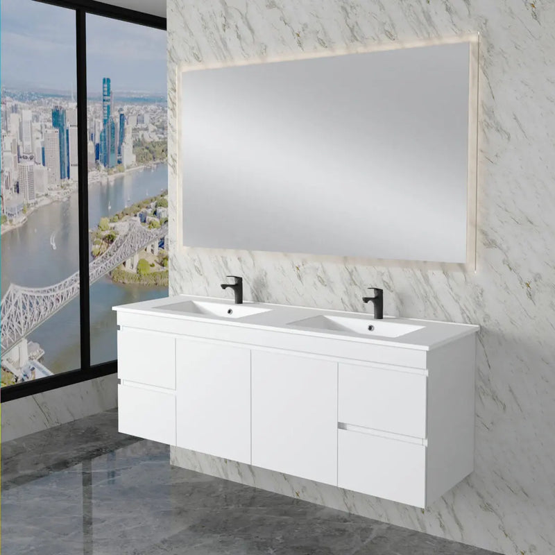 ABS Riva - Riva Less Wall Hung Double Bowl Vanity 1500mm - Gloss White - Aqualux Bathrooms