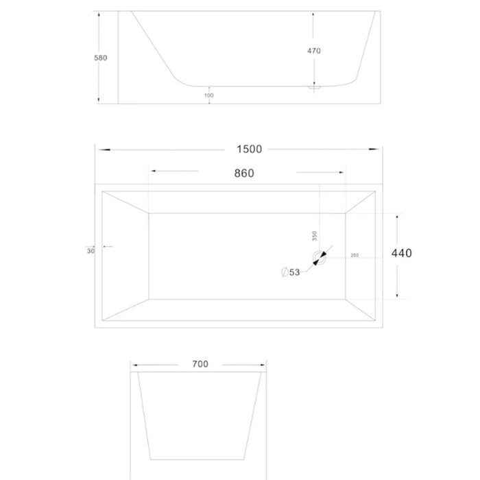 Riva Lotus Square Freestanding Bathtub 1500mm - Gloss White