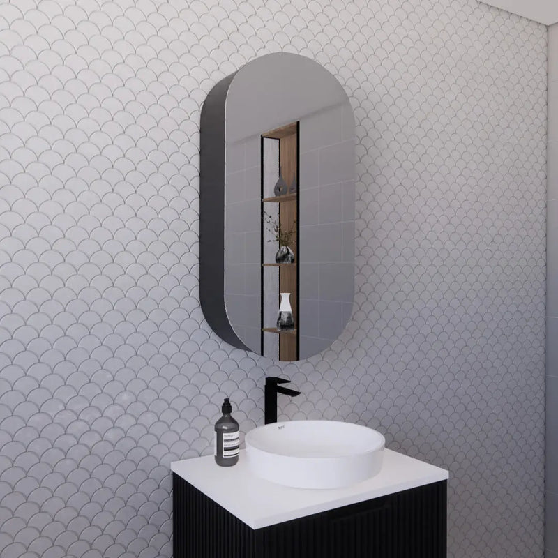 ABS Riva - Riva London Oval Shaving Cabinet 450mm - Matt Black - Aqualux Bathrooms