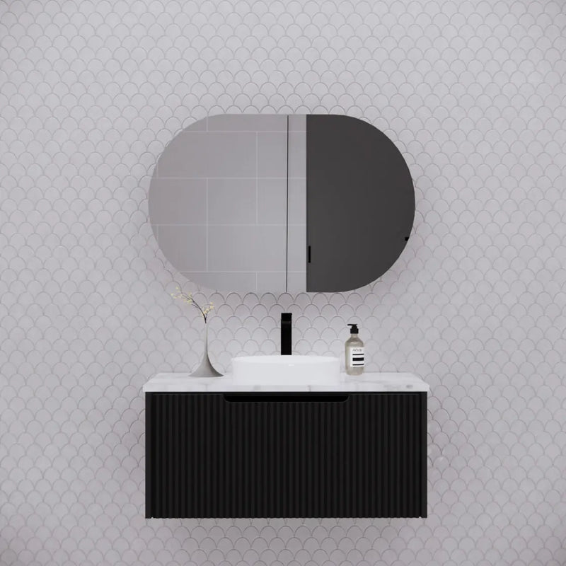 ABS Riva - Riva London Oval Shaving Cabinet 870mm - Matt Black - Aqualux Bathrooms