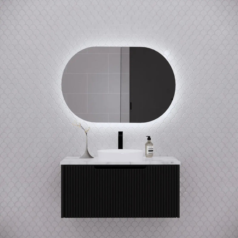 ABS Riva - Riva Paris Oval Led Shaving Cabinet 870mm - Matt Black - Aqualux Bathrooms