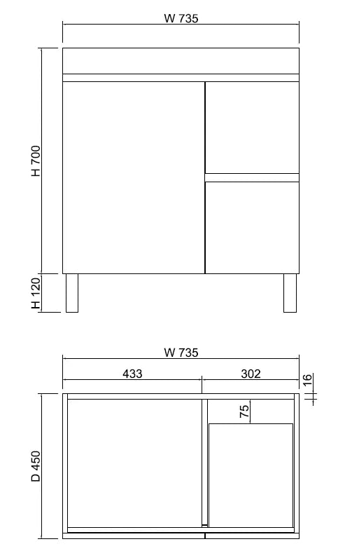 ABS Riva - Riva MFL2 Freestanding Vanity 750mm - Light Oak - Aqualux Bathrooms