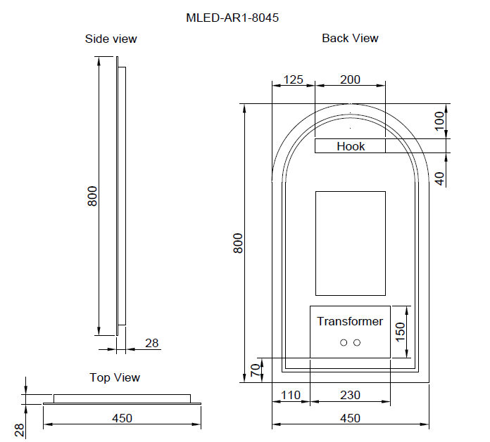 Riva AR1 Frameless Arch Led Mirror With 3 Colour Lights Backlit 450mm