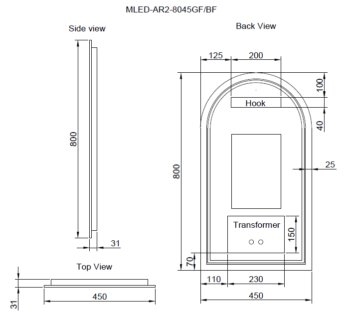 Riva AR2 Framed Arch LED Mirror With 3 Colour Lights Front Lit and Back Lit 800mm - Black Framed