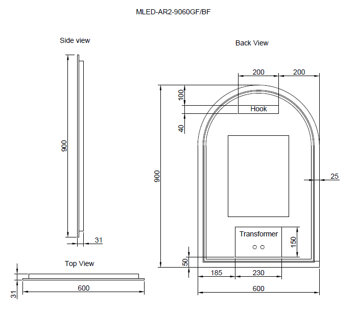 Riva AR2 Framed Arch LED Mirror With 3 Colour Lights Front Lit and Back Lit 900mm - Black Framed