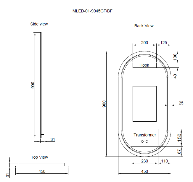 Riva O1 Framed Oval LED Mirror With 3 Colour Lights Front Lit and Back Lit 900mm - Black Framed