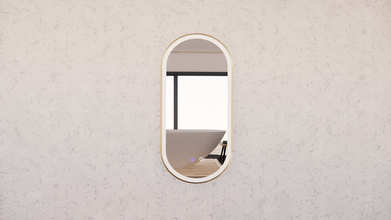 Riva O1 Framed Oval LED Mirror With 3 Colour Lights Front Lit and Back Lit 900mm - Gold Framed