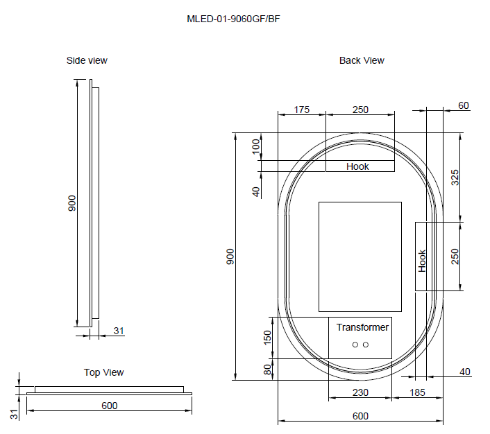 Riva O1 Framed Oval LED Mirror With 3 Colour Lights Front Lit and Back Lit 600mm - Black Framed