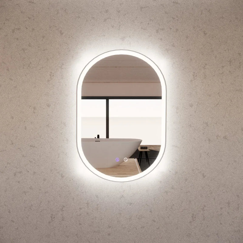 ABS Riva - Riva O1 Framed Oval LED Mirror With 3 Colour Lights Front Lit and Back Lit 600mm - Brushed Nickel - Aqualux Bathrooms