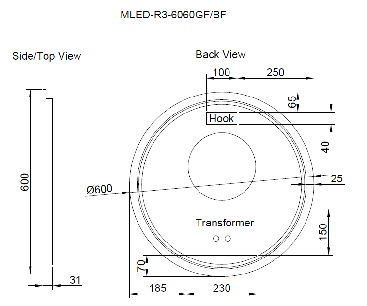 Riva R3 Framed Round LED Mirror With 3 Colour Lights Front Lit and Back Lit 600mm - Black Framed