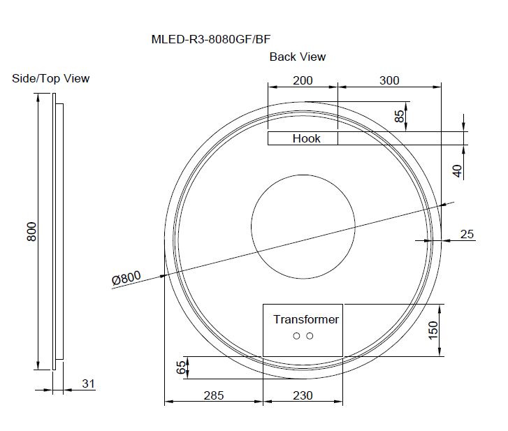 Riva R3 Framed Round LED Mirror With 3 Colour Lights Front Lit and Back Lit 800mm - Black Framed