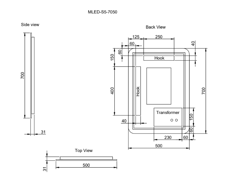 Riva S5 Frameless Rectangle LED Mirror With 3 Colour Lights Backlit 500mm