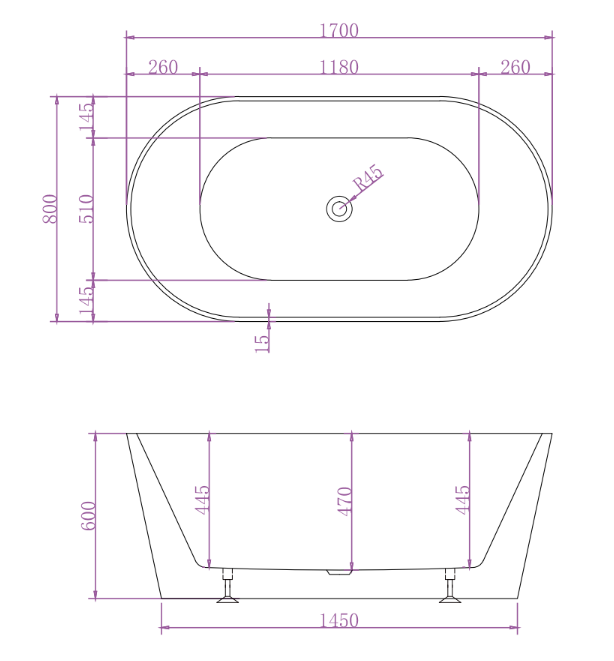 Riva Mia Super Slim Edge Oval Shape Freestanding Bathtub 1700mm - Matt White