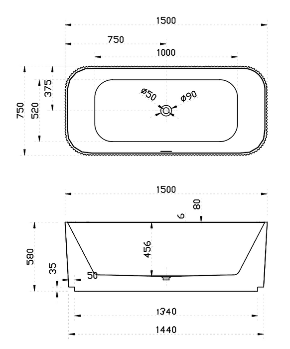 Riva Milano V-Groove Soft Square Shape Freestanding Bathtub 1500mm - Gloss White