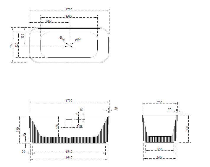 Riva Milano V-Groove Soft Square Shape Freestanding Bathtub 1700mm - Gloss White