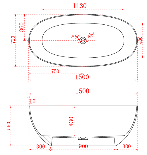 Riva Noto Oval Shape Transparent Freestanding Bathtub 1500mm - Custom Colours