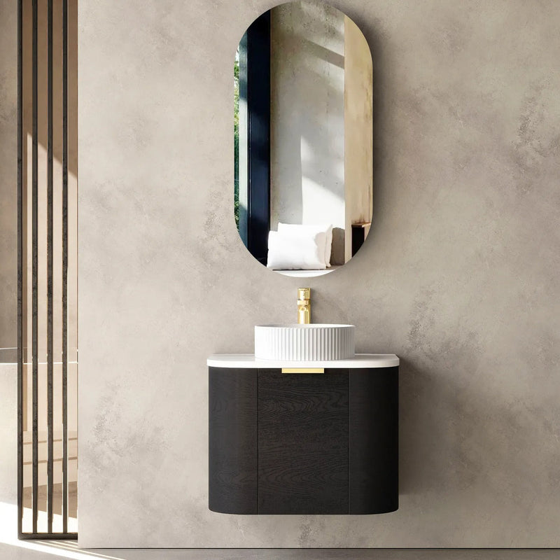 Otti Bondi Black Oak 600mm Single Bowl Curve Wall Hung Vanity