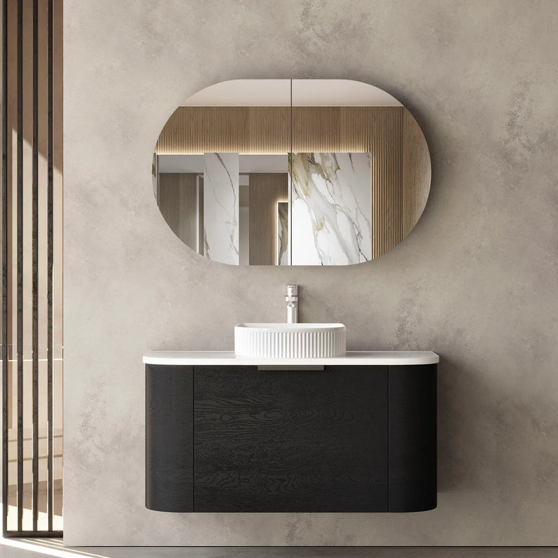 Otti Bondi Black Oak 900mm Curve Single Bowl Wall Hung Vanity