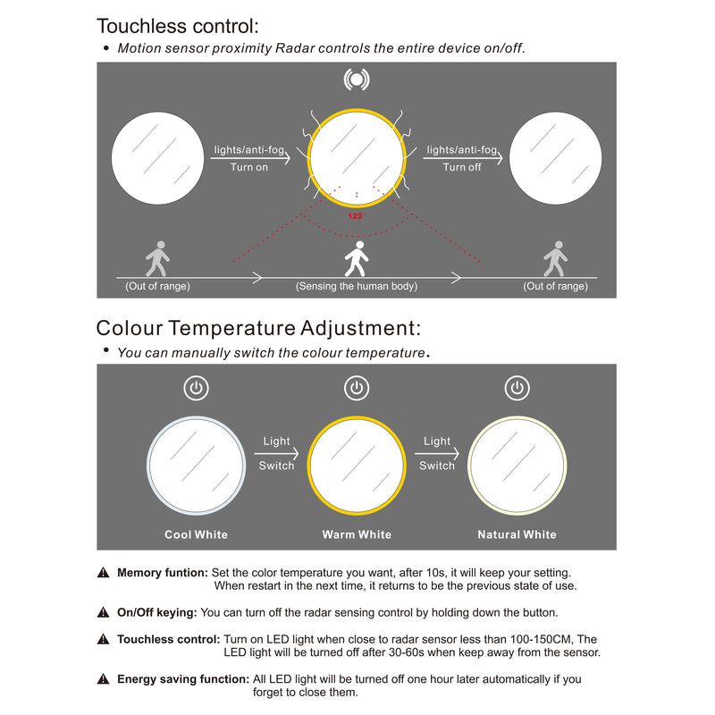 Otti Bondi Frameless Round Led Mirror 3 Colour Lights 800X800mm
