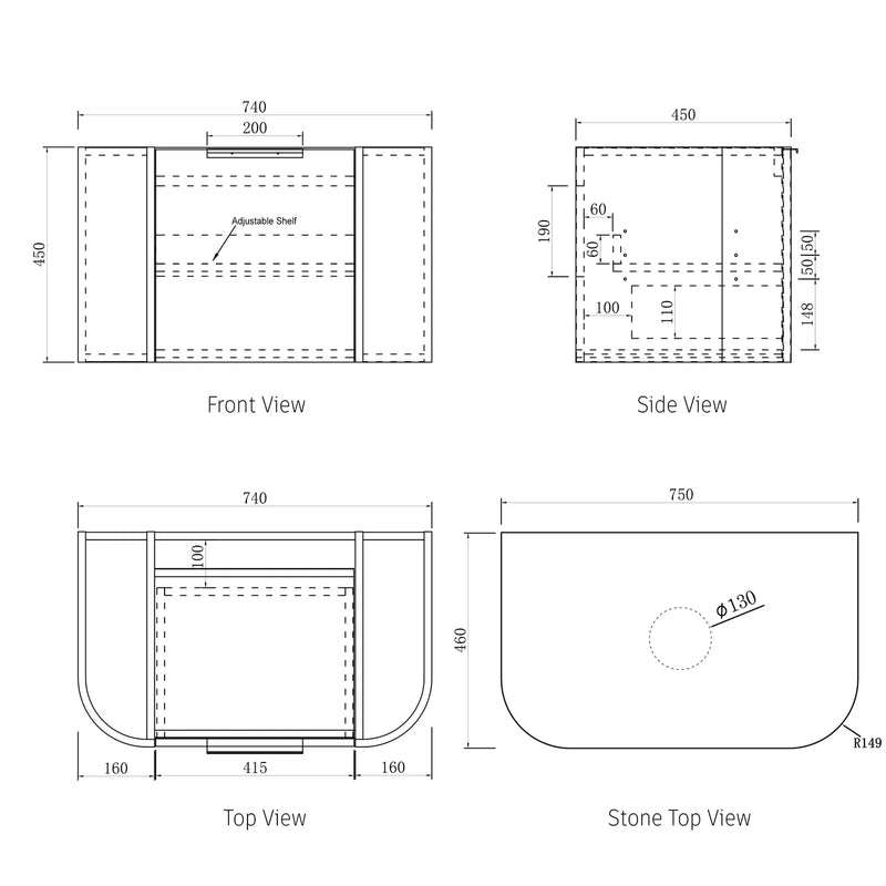 Otti Bondi Matte White Fluted 750mm Curve Single Bowl Wall Hung Vanity