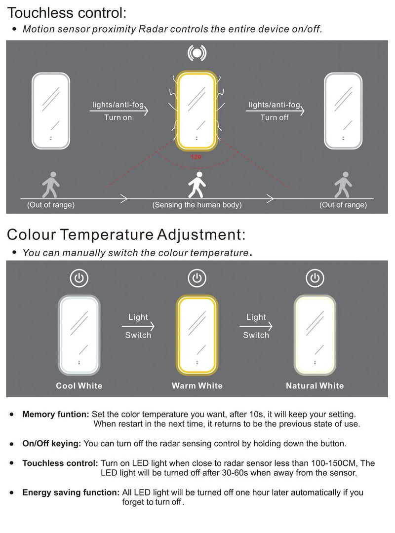Otti Newport Frameless Rectangular Led Mirror 3 Colour Lights 450X900mm