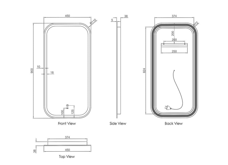 Otti Newport Frameless Rectangular Led Mirror 3 Colour Lights 450X900mm