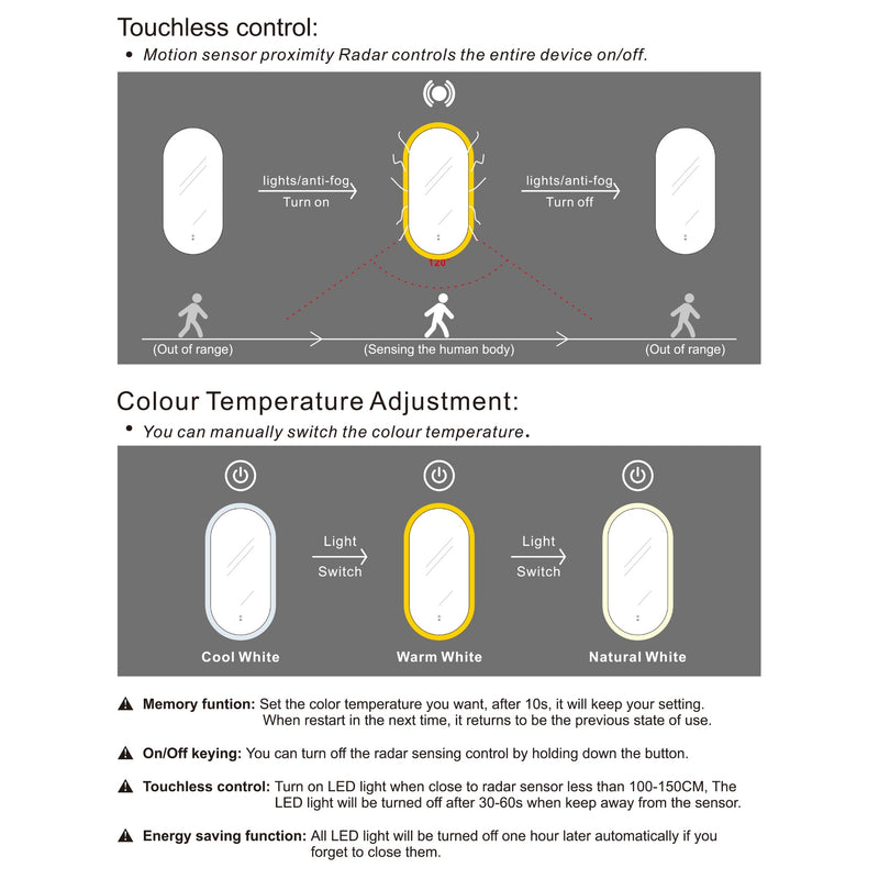 Otti Noosa Frameless Oval Led Mirror 3 Colour Lights 450X900mm