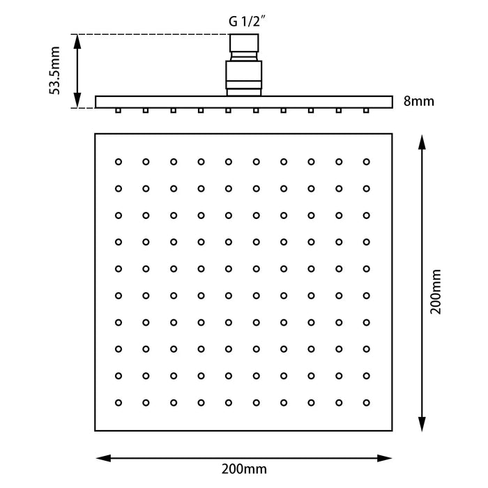 Square Black Brass Shower Head 200mm