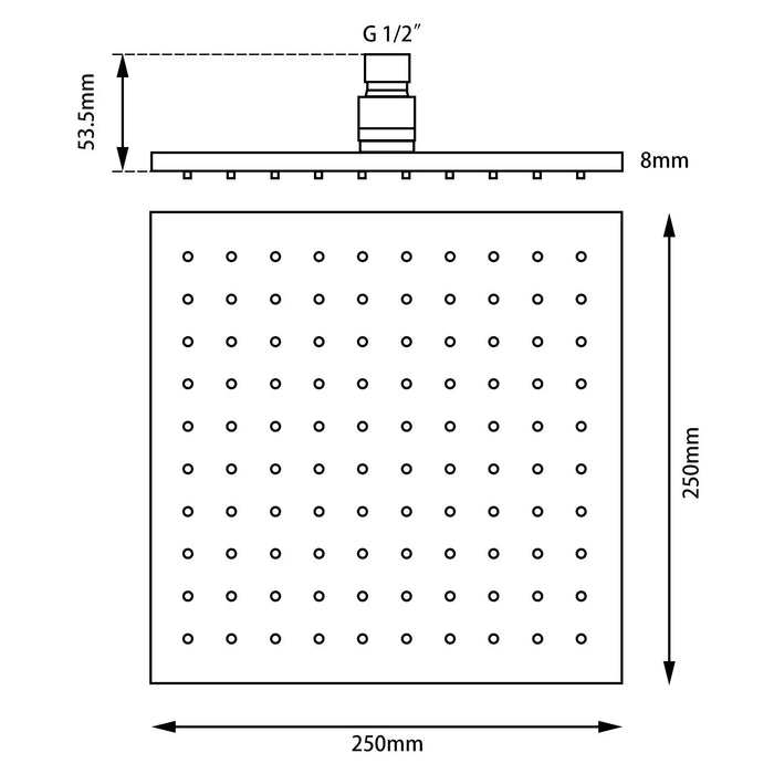 Square Black Brass Shower Head 250mm