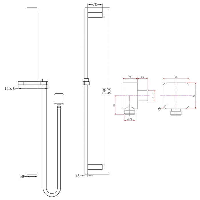 Square Black Sliding Shower Rail without Handheld Shower(PVC Hose)