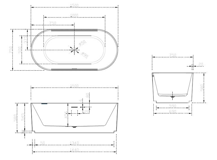 Riva Oslo V-Groove Oval Shape Freestanding Bathtub 1500mm - Matt White and Matt Black