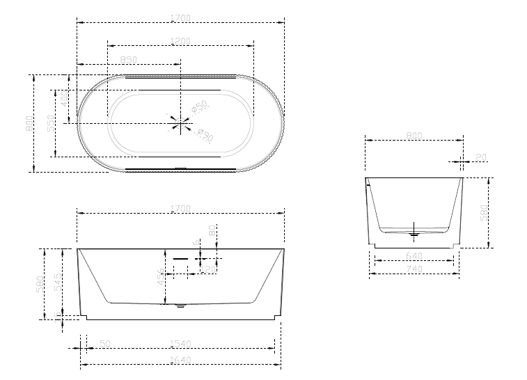 Riva Oslo V-Groove Oval Shape Freestanding Bathtub 1700mm - Matt White and Matt Black