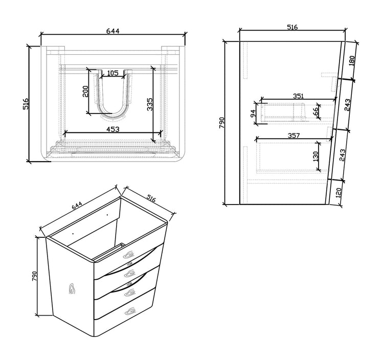 Belbagno Piramid Freestanding Vanity 650mm -  White Wood