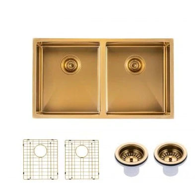 Brushed Brass 820*457*230mm Kitchen Sink Round Corner Stainless Steel Double Bowl (with Bottom Tray)