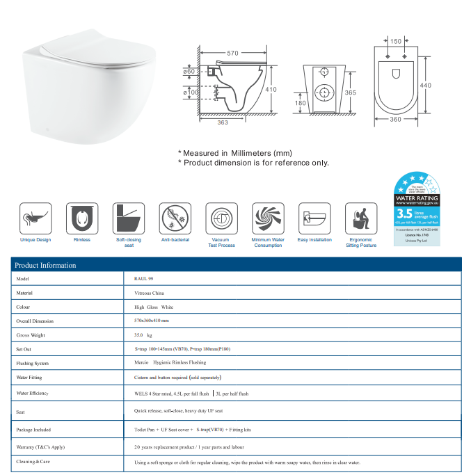 Mercio Raul99 Rimless Wall Faced Floor Toilet Pan