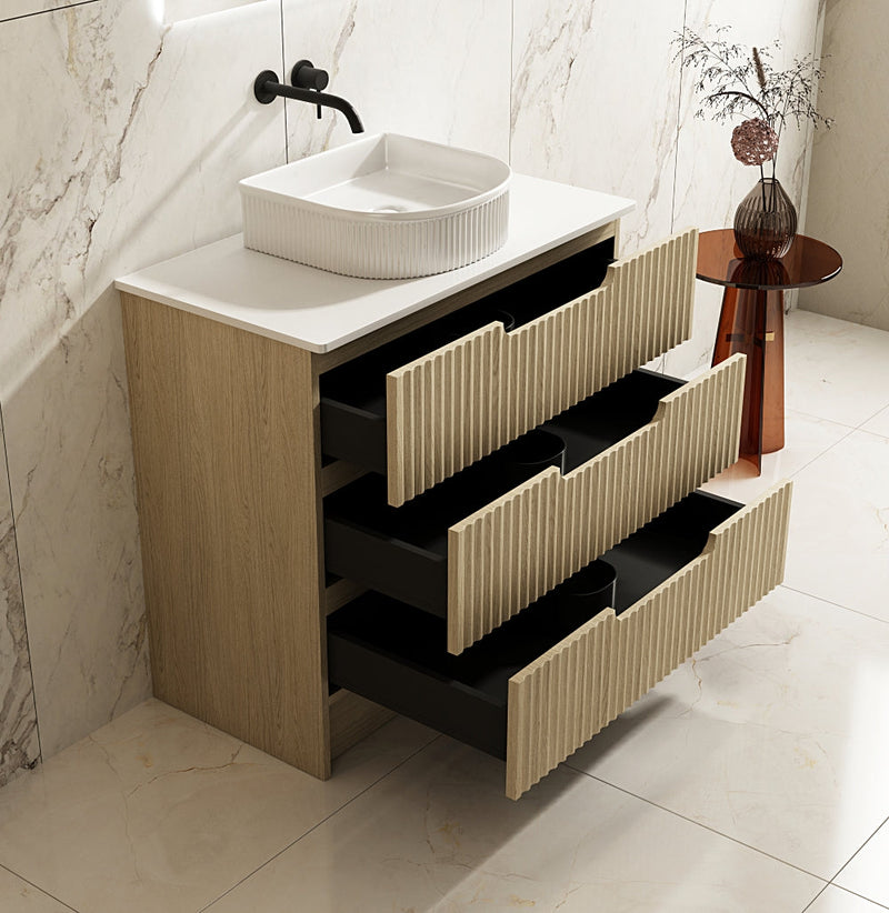 Fluted Rhea Floor Standing Vanity - Natural Oak (All Sizes)