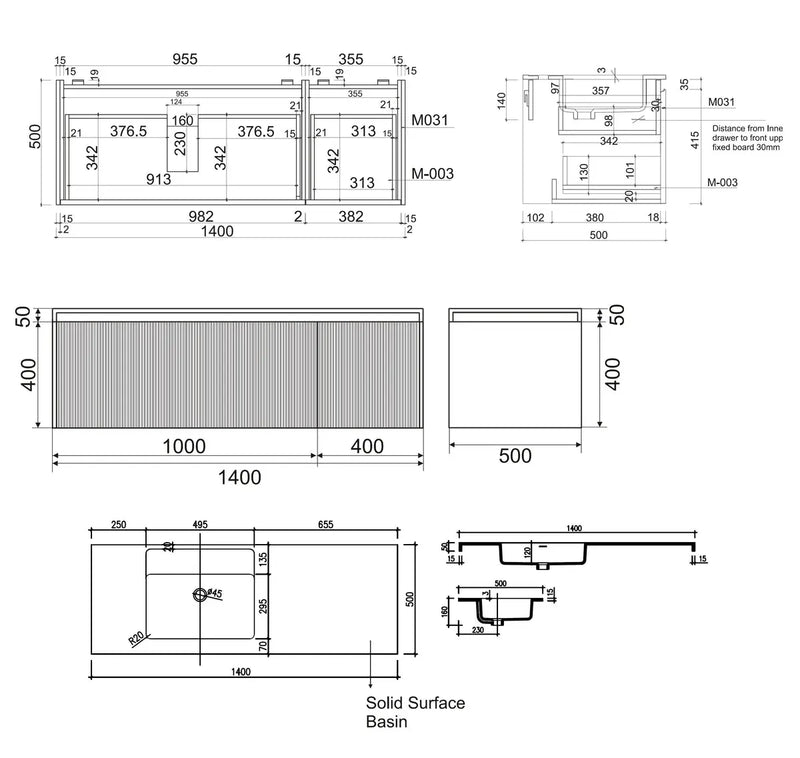 Belbagno - Belbagno Rimini wall hung Vanity 1400mm - Rain Forest - Aqualux Bathrooms
