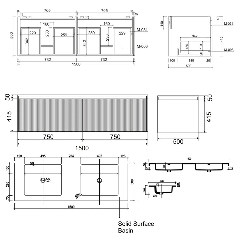 Belbagno - Belbagno Rimini wall hung Vanity 1500mm - Rain Forest - Aqualux Bathrooms