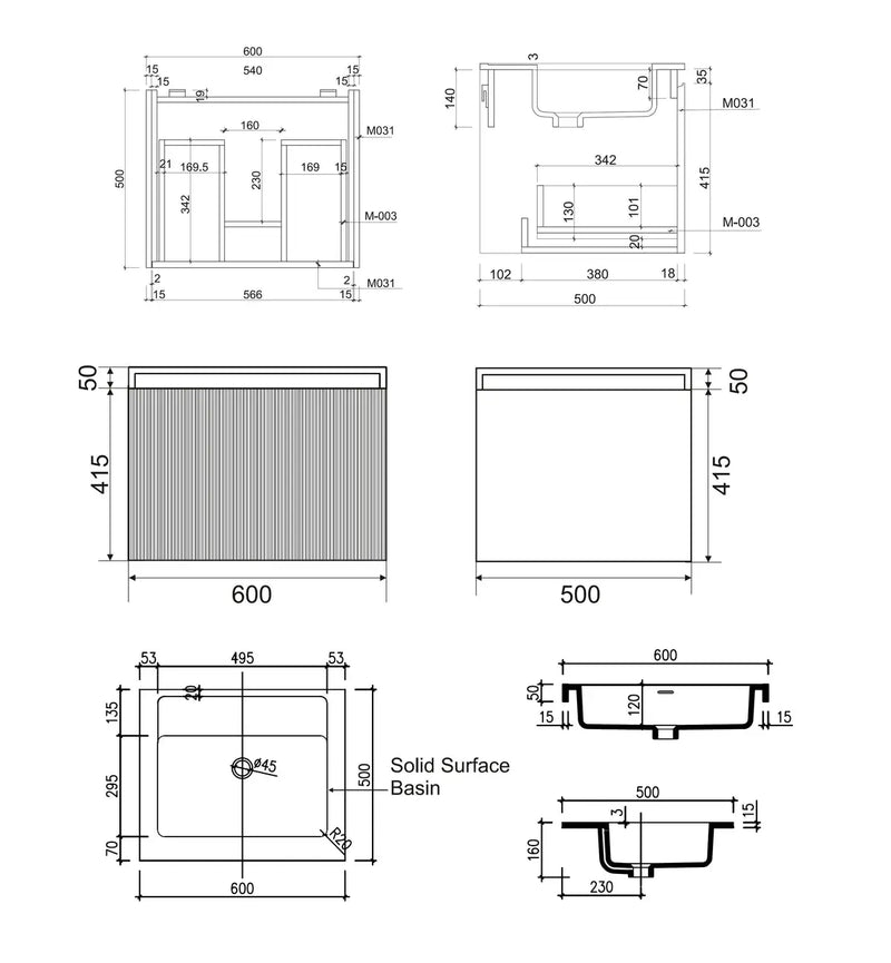 Belbagno - Belbagno Rimini wall hung Vanity 600mm - Potter's Clay - Aqualux Bathrooms