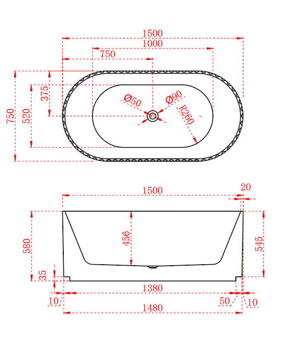 Riva Roma Fluted Shape Freestanding Bathtub 1500mm - Gloss White