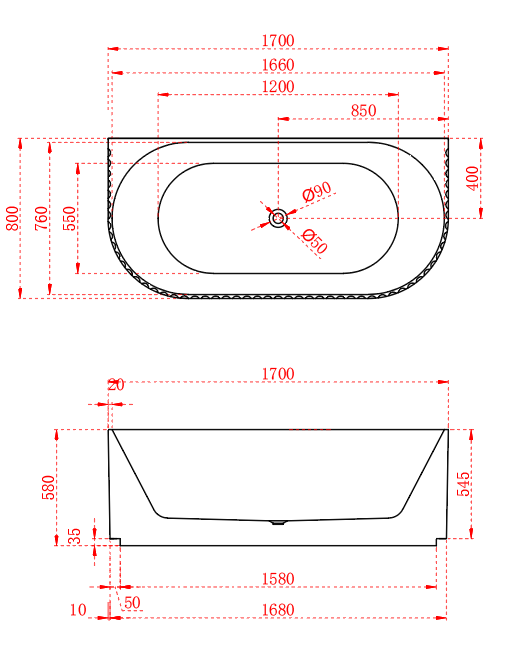 Riva Roma Fluted Back To Wall Bathtub 1700mm - Matt White