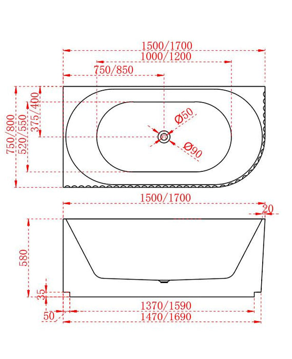 Riva Roma Fluted Shape Left Corner Bathtub 1500mm - Gloss White