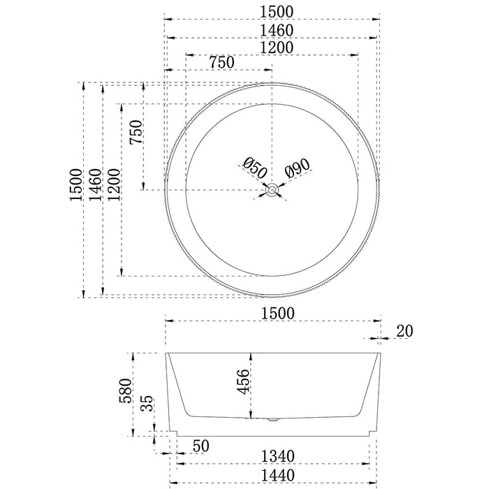 Sunshine Groove Round Freestanding Bathtub 1500mm (No Overflow)